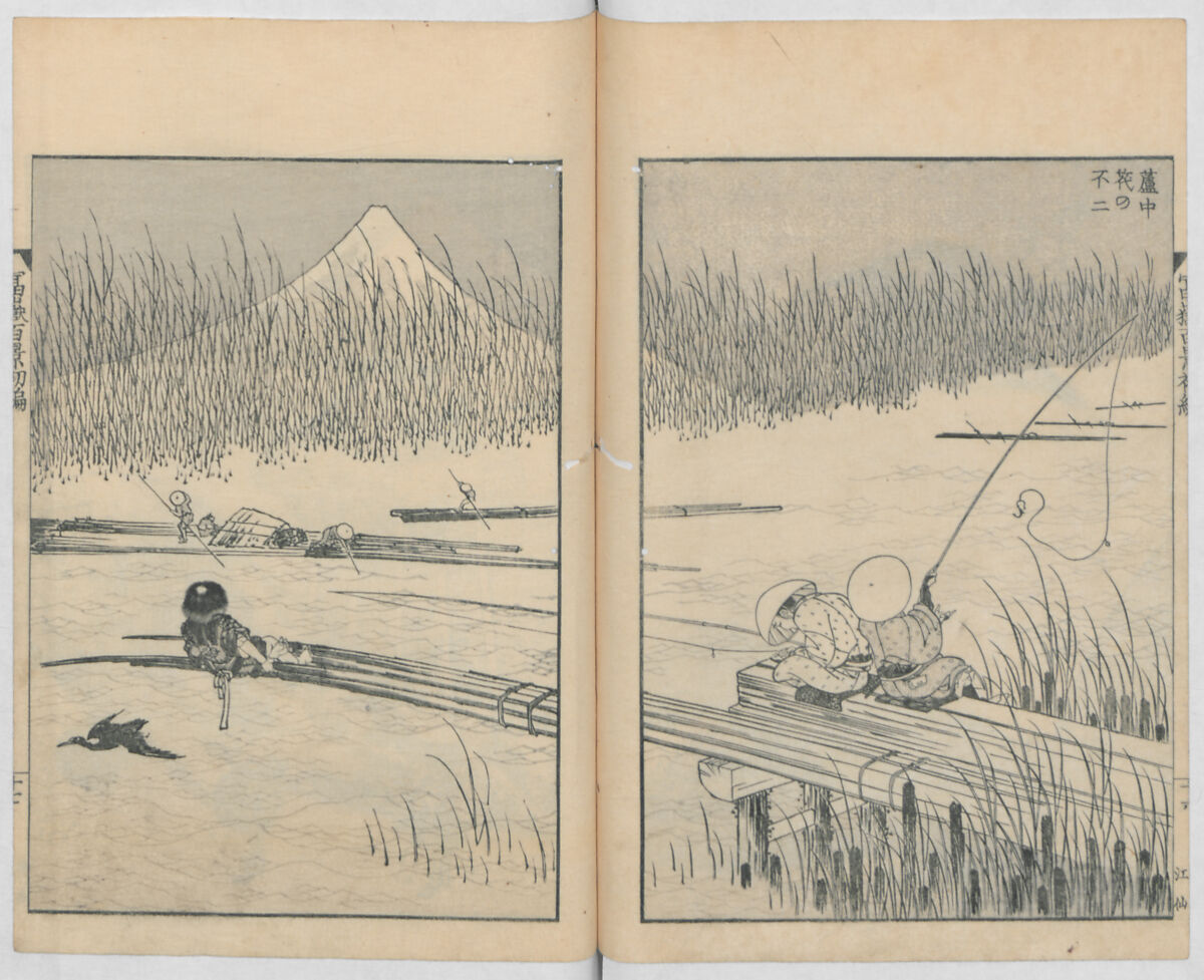 One Hundred Views of Mount Fuji (Fugaku hyakkei, nihen)  富嶽百景二編, Katsushika Hokusai 葛飾北斎 (Japanese, Tokyo (Edo) 1760–1849 Tokyo (Edo)), Woodblock print (first and second volumes with 100 pages of illustrations); ink and color on paper, Japan