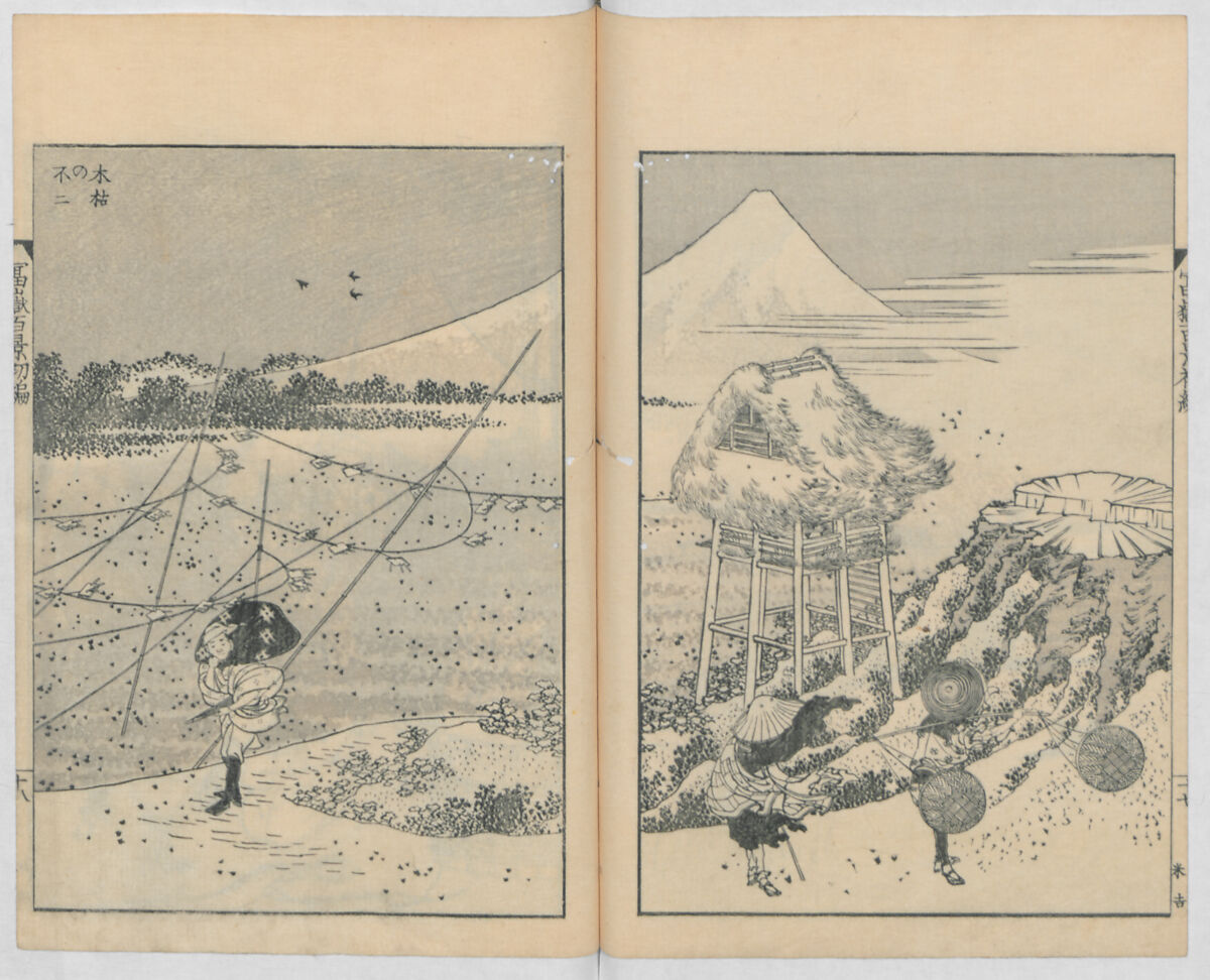One Hundred Views of Mount Fuji (Fugaku hyakkei, nihen)  富嶽百景二編, Katsushika Hokusai 葛飾北斎 (Japanese, Tokyo (Edo) 1760–1849 Tokyo (Edo)), Woodblock print (first and second volumes with 100 pages of illustrations); ink and color on paper, Japan