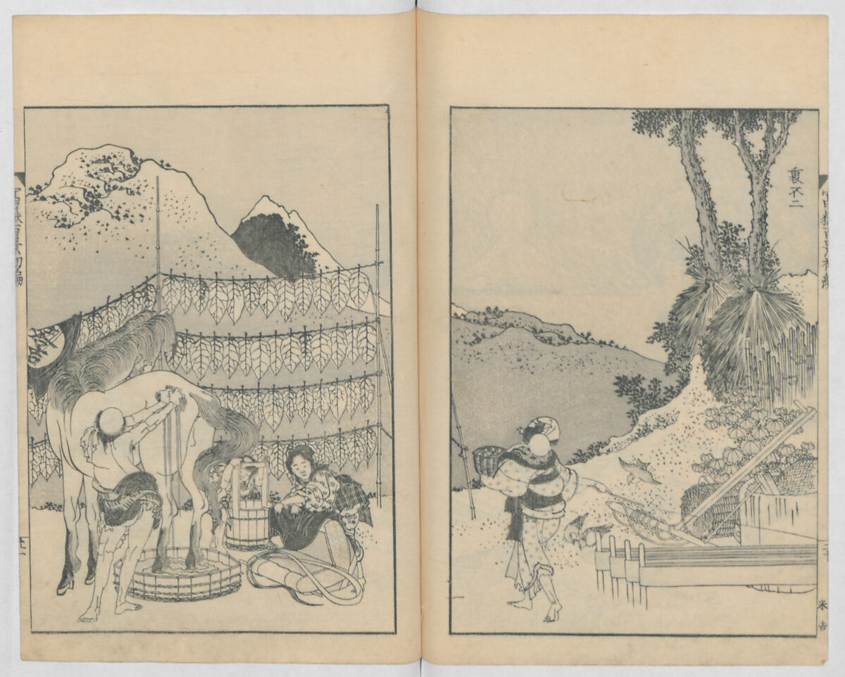 One Hundred Views of Mount Fuji (Fugaku hyakkei, nihen)  富嶽百景二編, Katsushika Hokusai 葛飾北斎 (Japanese, Tokyo (Edo) 1760–1849 Tokyo (Edo)), Woodblock print (first and second volumes with 100 pages of illustrations); ink and color on paper, Japan