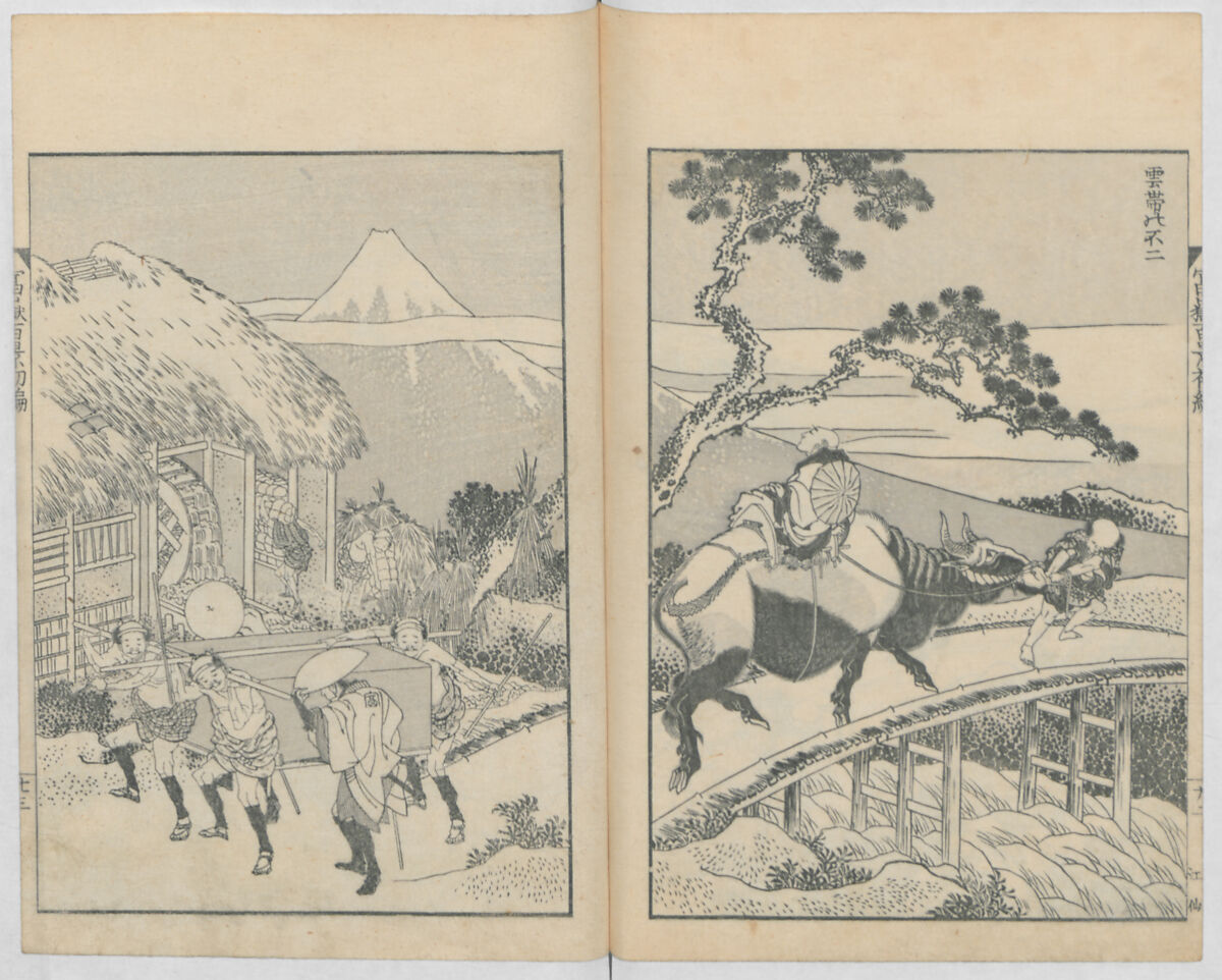 One Hundred Views of Mount Fuji (Fugaku hyakkei, nihen)  富嶽百景二編, Katsushika Hokusai 葛飾北斎 (Japanese, Tokyo (Edo) 1760–1849 Tokyo (Edo)), Woodblock print (first and second volumes with 100 pages of illustrations); ink and color on paper, Japan