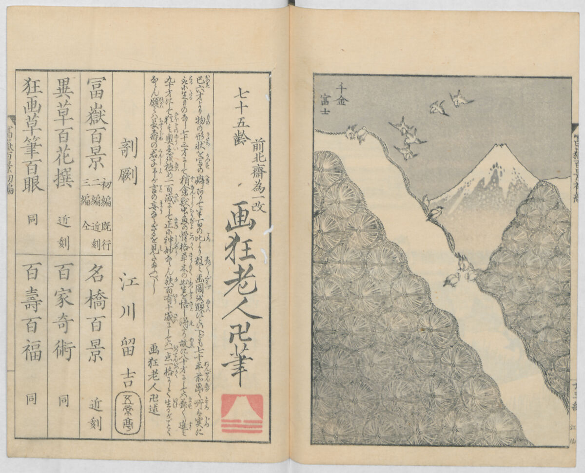 One Hundred Views of Mount Fuji (Fugaku hyakkei, nihen)  富嶽百景二編, Katsushika Hokusai 葛飾北斎 (Japanese, Tokyo (Edo) 1760–1849 Tokyo (Edo)), Woodblock print (first and second volumes with 100 pages of illustrations); ink and color on paper, Japan