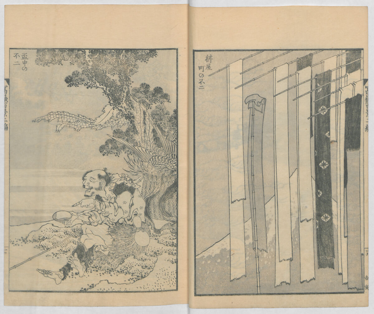 One Hundred Views of Mount Fuji (Fugaku hyakkei, nihen)  富嶽百景二編, Katsushika Hokusai 葛飾北斎 (Japanese, Tokyo (Edo) 1760–1849 Tokyo (Edo)), Woodblock print (first and second volumes with 100 pages of illustrations); ink and color on paper, Japan