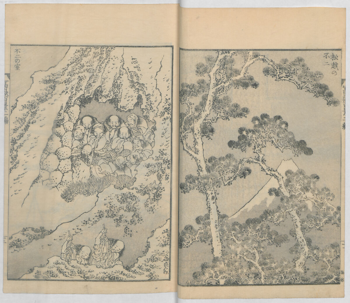 One Hundred Views of Mount Fuji (Fugaku hyakkei, nihen)  富嶽百景二編, Katsushika Hokusai 葛飾北斎 (Japanese, Tokyo (Edo) 1760–1849 Tokyo (Edo)), Woodblock print (first and second volumes with 100 pages of illustrations); ink and color on paper, Japan