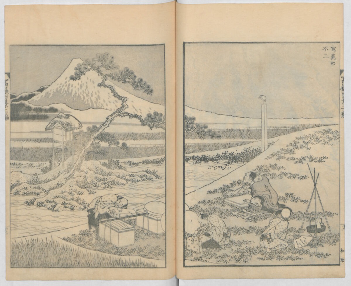 One Hundred Views of Mount Fuji (Fugaku hyakkei, nihen)  富嶽百景二編, Katsushika Hokusai 葛飾北斎 (Japanese, Tokyo (Edo) 1760–1849 Tokyo (Edo)), Woodblock print (first and second volumes with 100 pages of illustrations); ink and color on paper, Japan