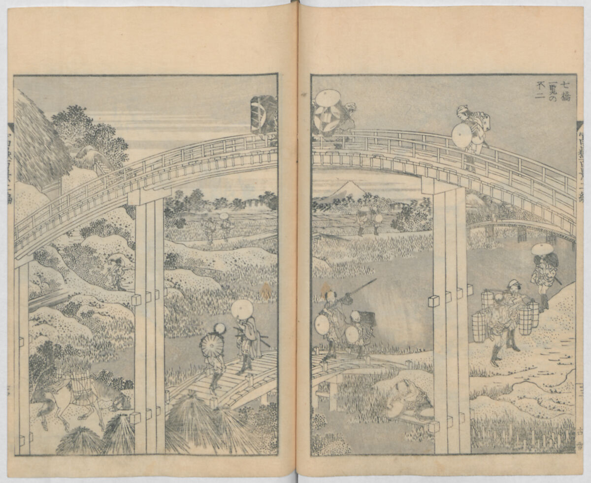 One Hundred Views of Mount Fuji (Fugaku hyakkei, nihen)  富嶽百景二編, Katsushika Hokusai 葛飾北斎 (Japanese, Tokyo (Edo) 1760–1849 Tokyo (Edo)), Woodblock print (first and second volumes with 100 pages of illustrations); ink and color on paper, Japan