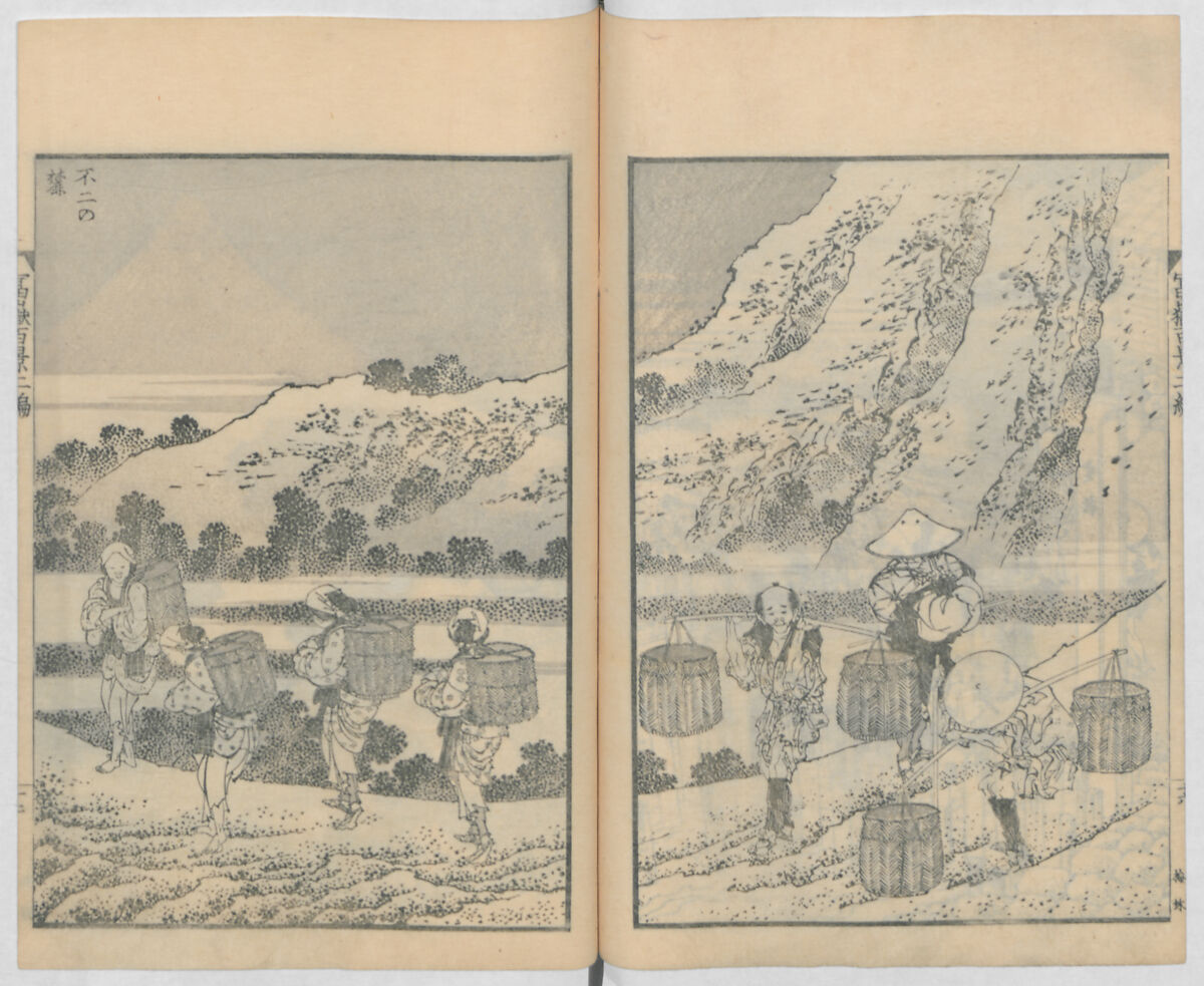 One Hundred Views of Mount Fuji (Fugaku hyakkei, nihen)  富嶽百景二編, Katsushika Hokusai 葛飾北斎 (Japanese, Tokyo (Edo) 1760–1849 Tokyo (Edo)), Woodblock print (first and second volumes with 100 pages of illustrations); ink and color on paper, Japan