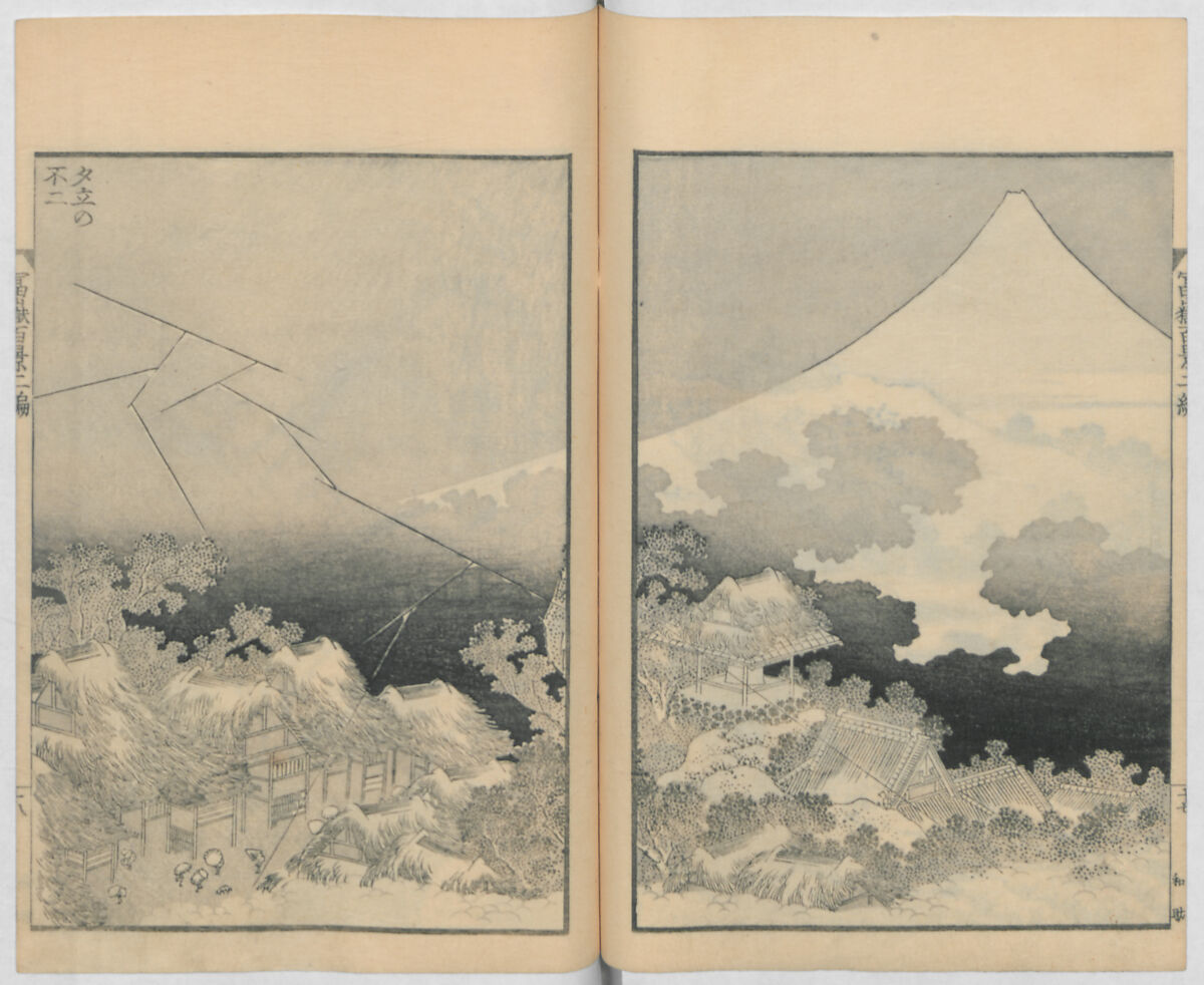 One Hundred Views of Mount Fuji (Fugaku hyakkei, nihen)  富嶽百景二編, Katsushika Hokusai 葛飾北斎 (Japanese, Tokyo (Edo) 1760–1849 Tokyo (Edo)), Woodblock print (first and second volumes with 100 pages of illustrations); ink and color on paper, Japan
