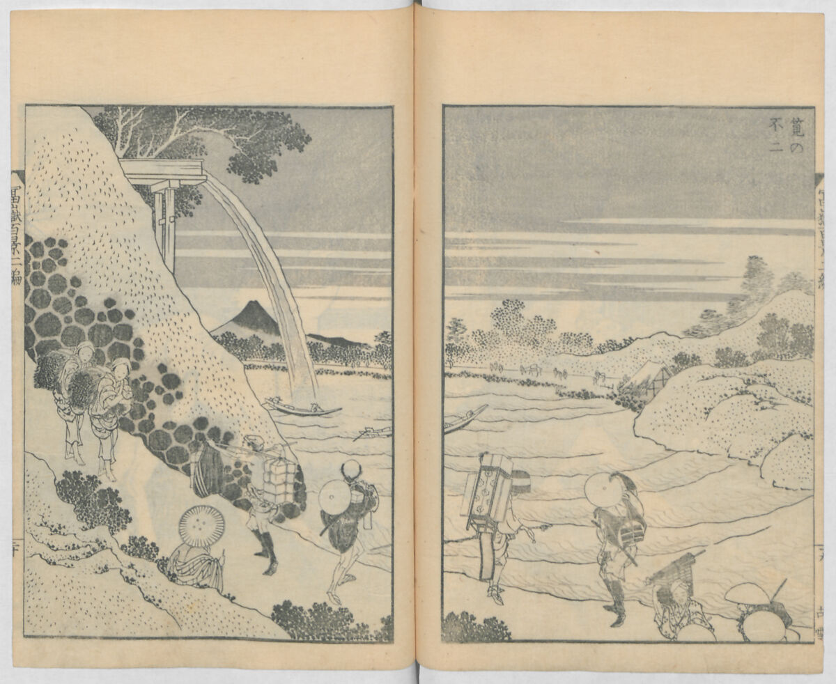 One Hundred Views of Mount Fuji (Fugaku hyakkei, nihen)  富嶽百景二編, Katsushika Hokusai 葛飾北斎 (Japanese, Tokyo (Edo) 1760–1849 Tokyo (Edo)), Woodblock print (first and second volumes with 100 pages of illustrations); ink and color on paper, Japan