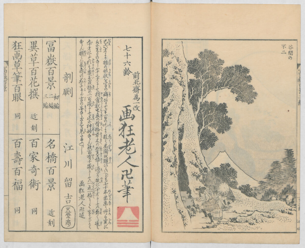 One Hundred Views of Mount Fuji (Fugaku hyakkei, nihen)  富嶽百景二編, Katsushika Hokusai 葛飾北斎 (Japanese, Tokyo (Edo) 1760–1849 Tokyo (Edo)), Woodblock print (first and second volumes with 100 pages of illustrations); ink and color on paper, Japan