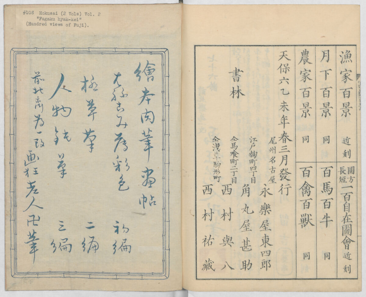 One Hundred Views of Mount Fuji (Fugaku hyakkei, nihen)  富嶽百景二編, Katsushika Hokusai 葛飾北斎 (Japanese, Tokyo (Edo) 1760–1849 Tokyo (Edo)), Woodblock print (first and second volumes with 100 pages of illustrations); ink and color on paper, Japan