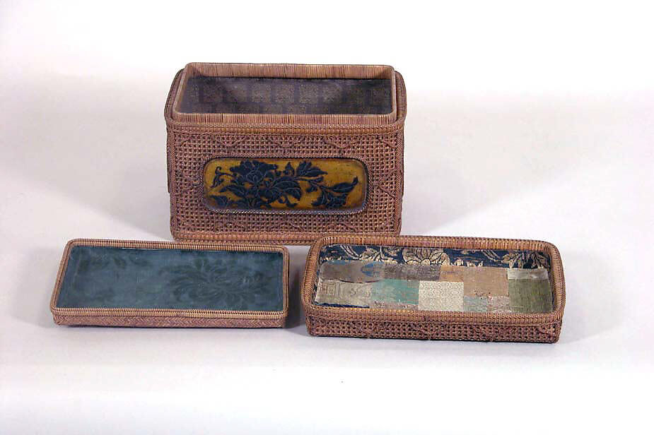 Basketwork Box with Peonies on Inset, Bamboo, rattan, lacquer, and gold, Japan