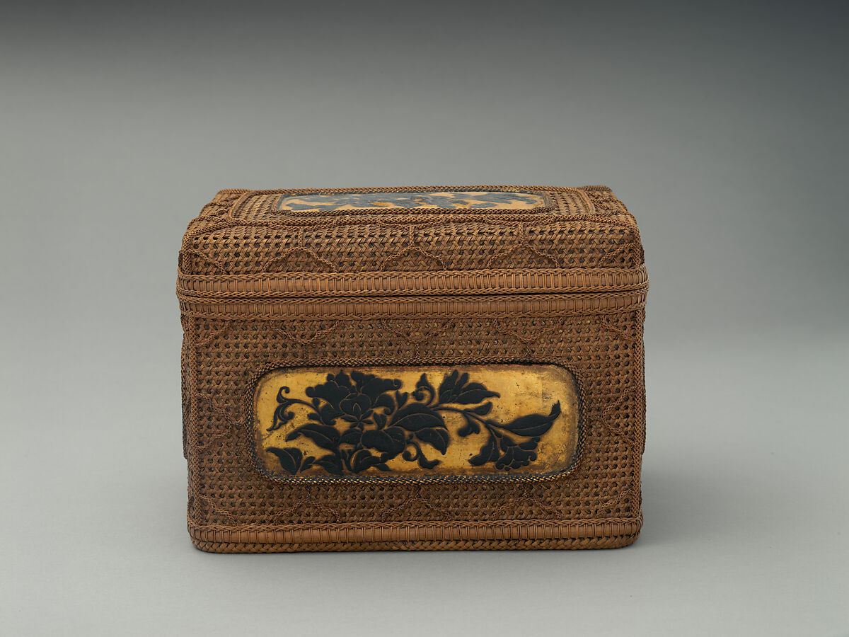 Basketwork Box with Peonies on Inset, Bamboo, rattan, lacquer, and gold, Japan 