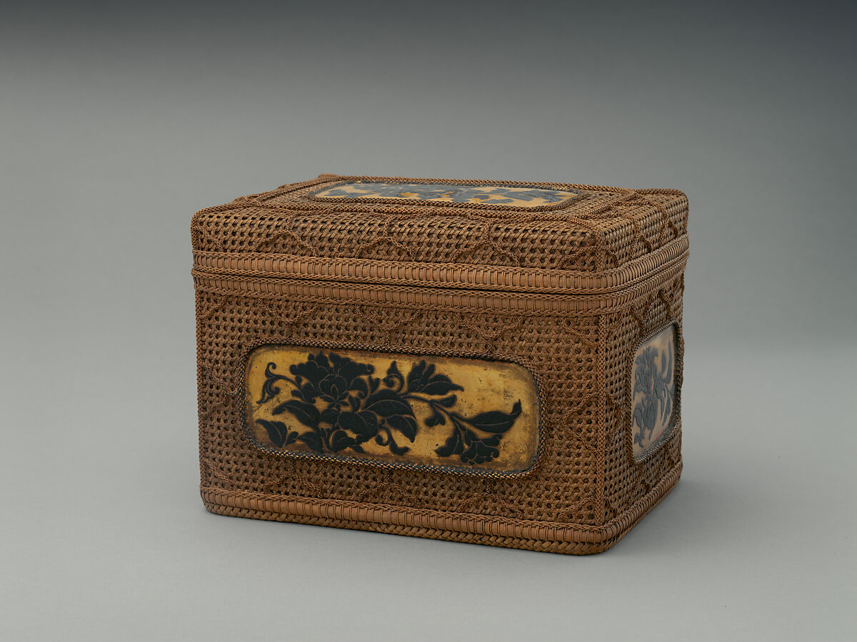 Basketwork Box with Peonies on Inset, Bamboo, rattan, lacquer, and gold, Japan
