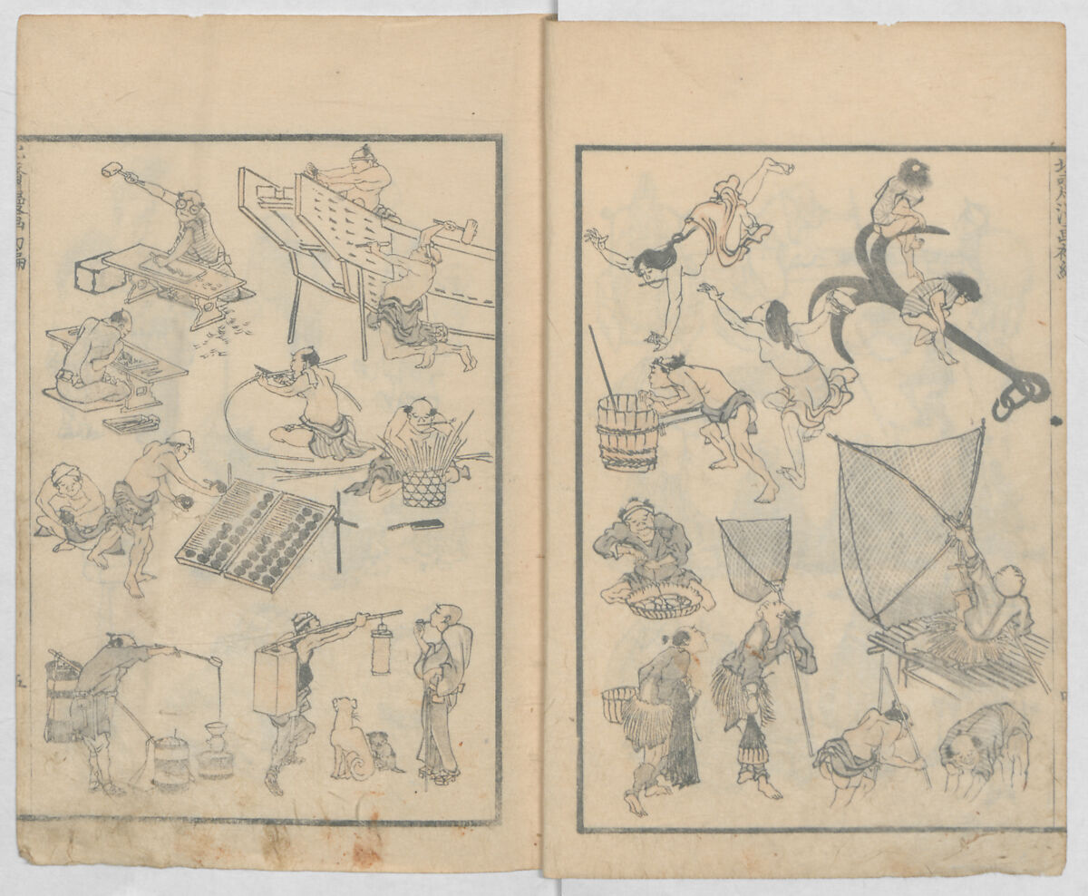 Random Sketches by Hokusai, Volumes 1 to 11, Katsushika Hokusai 葛飾北斎 (Japanese, Tokyo (Edo) 1760–1849 Tokyo (Edo)), Eleven volumes of woodblock printed books; ink and color on paper, Japan