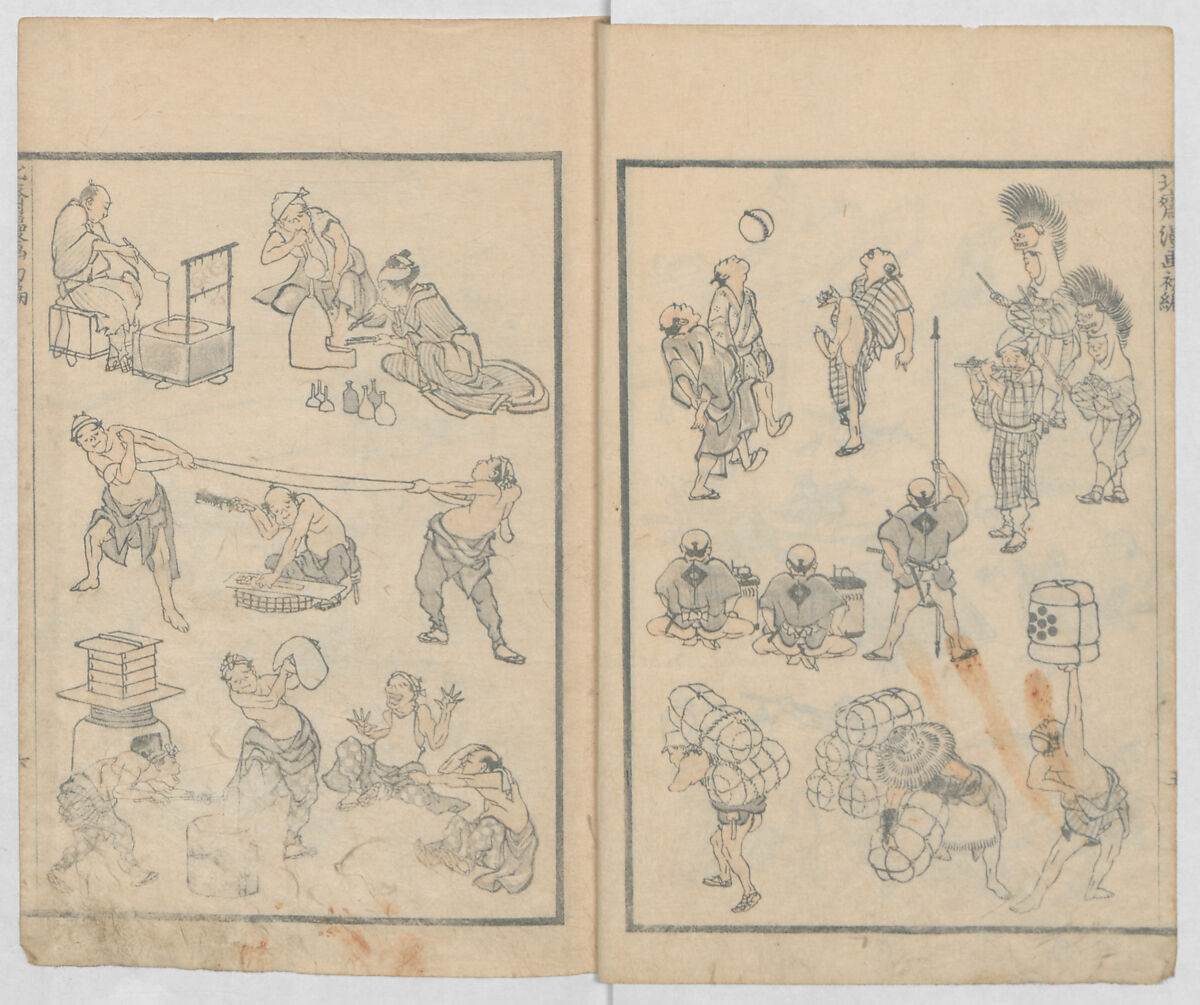 Random Sketches by Hokusai, Volumes 1 to 11, Katsushika Hokusai 葛飾北斎 (Japanese, Tokyo (Edo) 1760–1849 Tokyo (Edo)), Eleven volumes of woodblock printed books; ink and color on paper, Japan