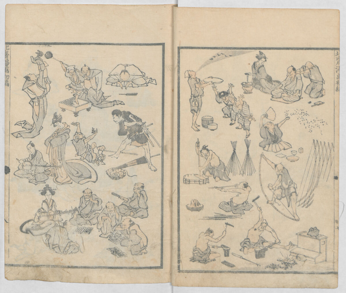 Random Sketches by Hokusai, Volumes 1 to 11, Katsushika Hokusai 葛飾北斎 (Japanese, Tokyo (Edo) 1760–1849 Tokyo (Edo)), Eleven volumes of woodblock printed books; ink and color on paper, Japan