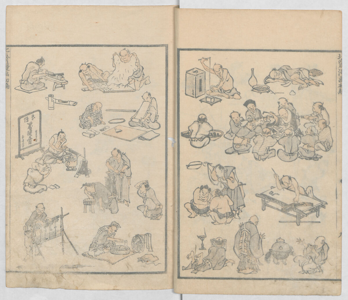 Random Sketches by Hokusai, Volumes 1 to 11, Katsushika Hokusai 葛飾北斎 (Japanese, Tokyo (Edo) 1760–1849 Tokyo (Edo)), Eleven volumes of woodblock printed books; ink and color on paper, Japan