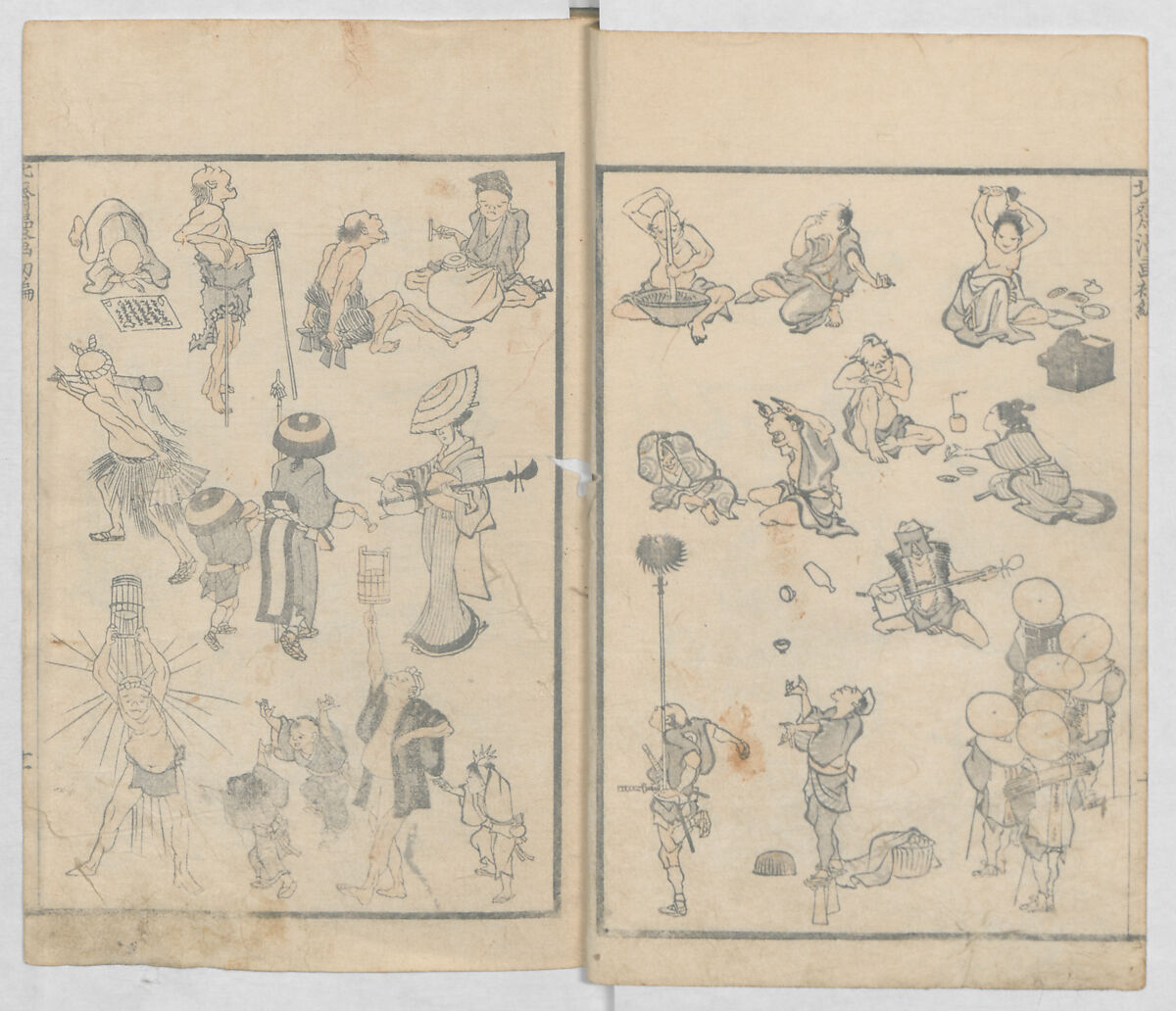 Random Sketches by Hokusai, Volumes 1 to 11, Katsushika Hokusai 葛飾北斎 (Japanese, Tokyo (Edo) 1760–1849 Tokyo (Edo)), Eleven volumes of woodblock printed books; ink and color on paper, Japan