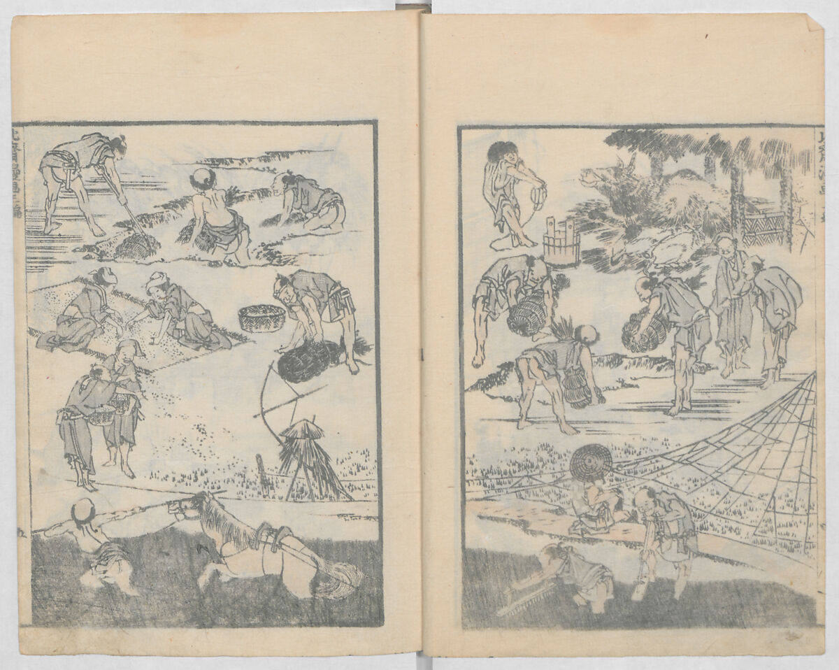 Random Sketches by Hokusai, Volumes 1 to 11, Katsushika Hokusai 葛飾北斎 (Japanese, Tokyo (Edo) 1760–1849 Tokyo (Edo)), Eleven volumes of woodblock printed books; ink and color on paper, Japan