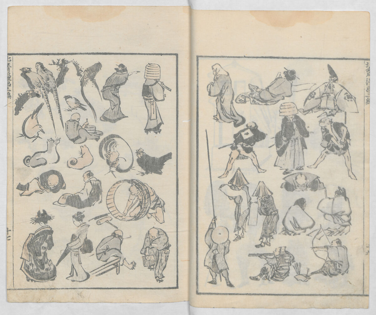 Random Sketches by Hokusai, Volumes 1 to 11, Katsushika Hokusai 葛飾北斎 (Japanese, Tokyo (Edo) 1760–1849 Tokyo (Edo)), Eleven volumes of woodblock printed books; ink and color on paper, Japan