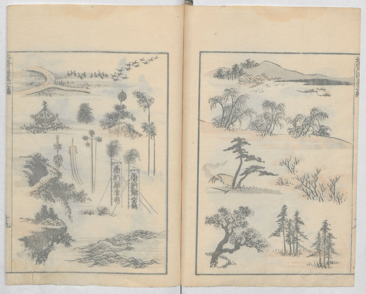 Random Sketches by Hokusai, Volumes 1 to 11, Katsushika Hokusai 葛飾北斎 (Japanese, Tokyo (Edo) 1760–1849 Tokyo (Edo)), Eleven volumes of woodblock printed books; ink and color on paper, Japan