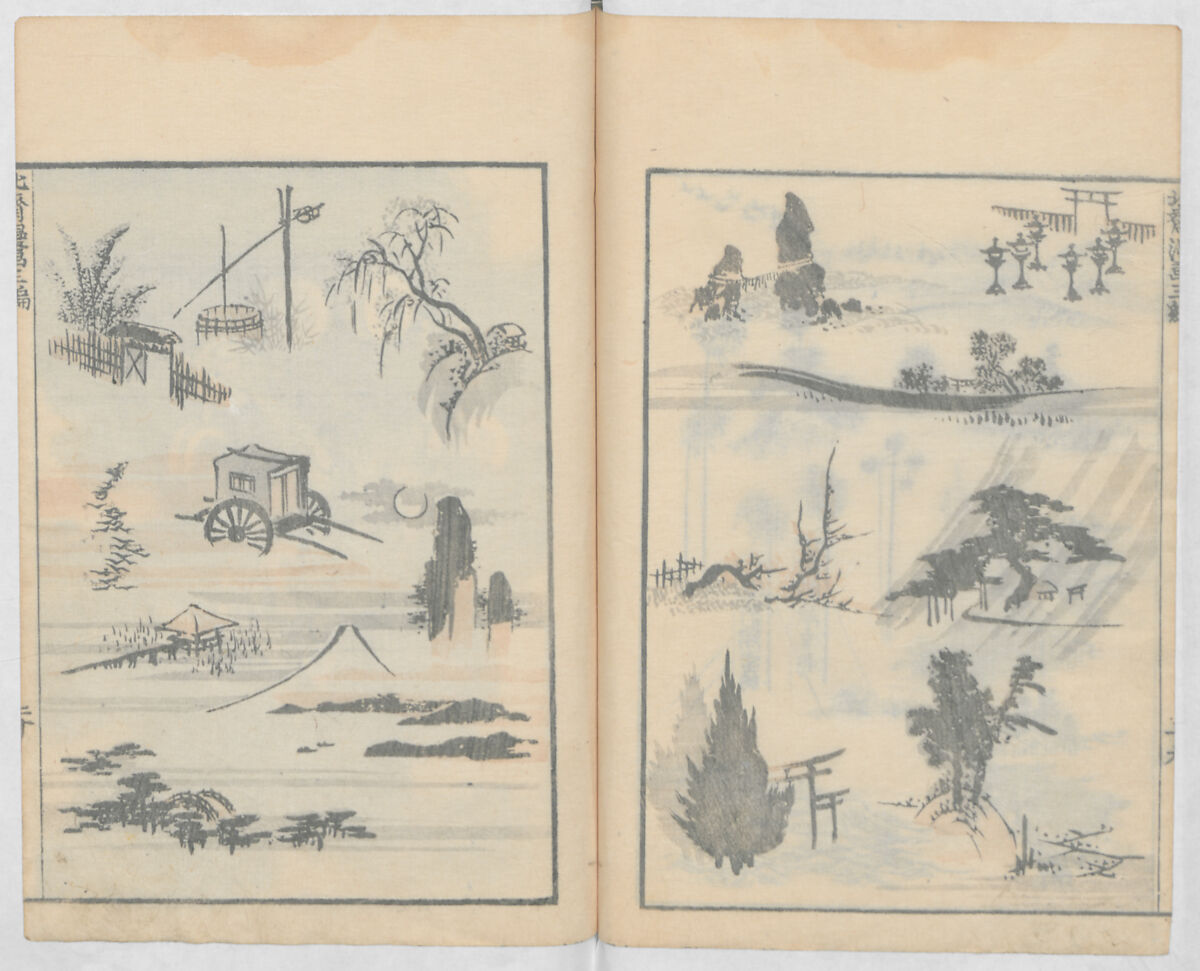 Random Sketches by Hokusai, Volumes 1 to 11, Katsushika Hokusai 葛飾北斎 (Japanese, Tokyo (Edo) 1760–1849 Tokyo (Edo)), Eleven volumes of woodblock printed books; ink and color on paper, Japan