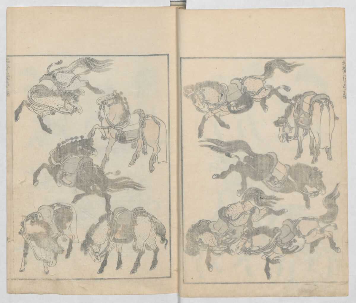 Random Sketches by Hokusai, Volumes 1 to 11, Katsushika Hokusai 葛飾北斎 (Japanese, Tokyo (Edo) 1760–1849 Tokyo (Edo)), Eleven volumes of woodblock printed books; ink and color on paper, Japan
