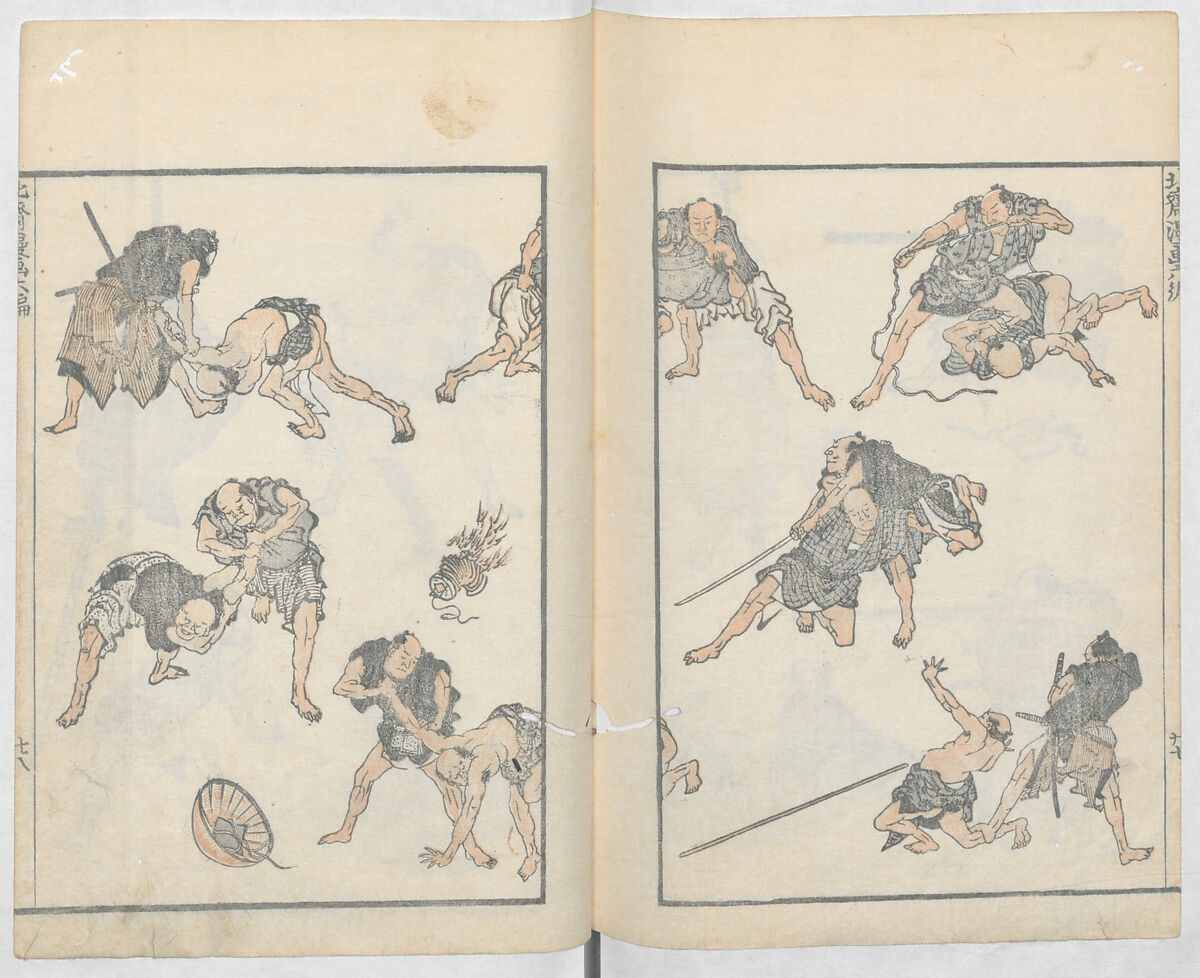 Random Sketches by Hokusai, Volumes 1 to 11, Katsushika Hokusai 葛飾北斎 (Japanese, Tokyo (Edo) 1760–1849 Tokyo (Edo)), Eleven volumes of woodblock printed books; ink and color on paper, Japan