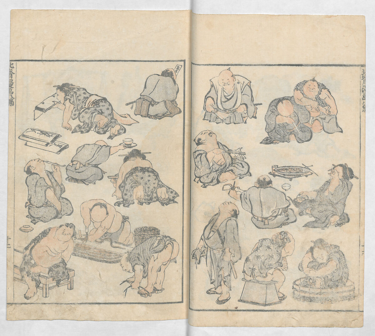 Random Sketches by Hokusai, Volumes 1 to 11, Katsushika Hokusai 葛飾北斎 (Japanese, Tokyo (Edo) 1760–1849 Tokyo (Edo)), Eleven volumes of woodblock printed books; ink and color on paper, Japan