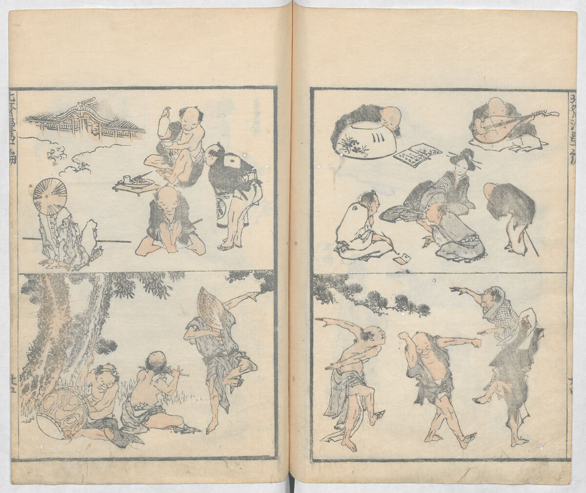 Random Sketches by Hokusai, Volumes 1 to 11, Katsushika Hokusai 葛飾北斎 (Japanese, Tokyo (Edo) 1760–1849 Tokyo (Edo)), Eleven volumes of woodblock printed books; ink and color on paper, Japan