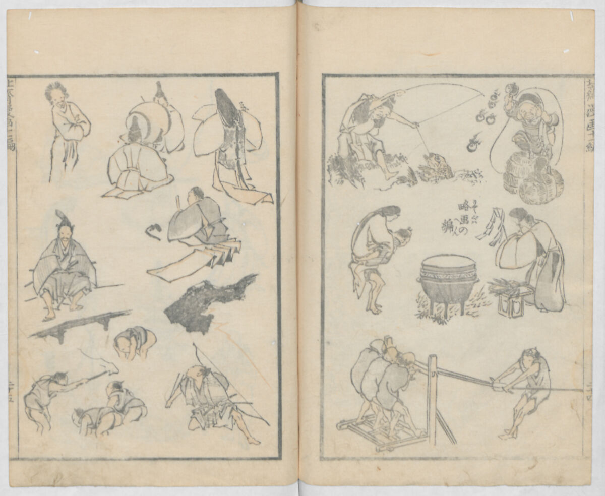 Random Sketches by Hokusai, Volumes 1 to 11, Katsushika Hokusai 葛飾北斎 (Japanese, Tokyo (Edo) 1760–1849 Tokyo (Edo)), Eleven volumes of woodblock printed books; ink and color on paper, Japan