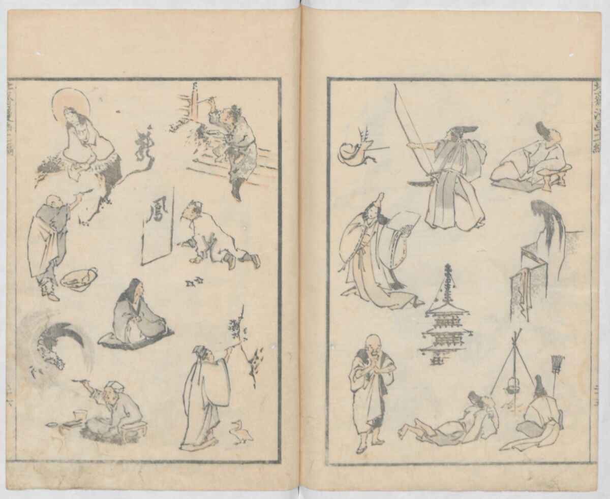 Random Sketches by Hokusai, Volumes 1 to 11, Katsushika Hokusai 葛飾北斎 (Japanese, Tokyo (Edo) 1760–1849 Tokyo (Edo)), Eleven volumes of woodblock printed books; ink and color on paper, Japan