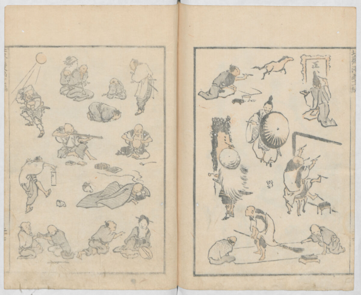 Random Sketches by Hokusai, Volumes 1 to 11, Katsushika Hokusai 葛飾北斎 (Japanese, Tokyo (Edo) 1760–1849 Tokyo (Edo)), Eleven volumes of woodblock printed books; ink and color on paper, Japan