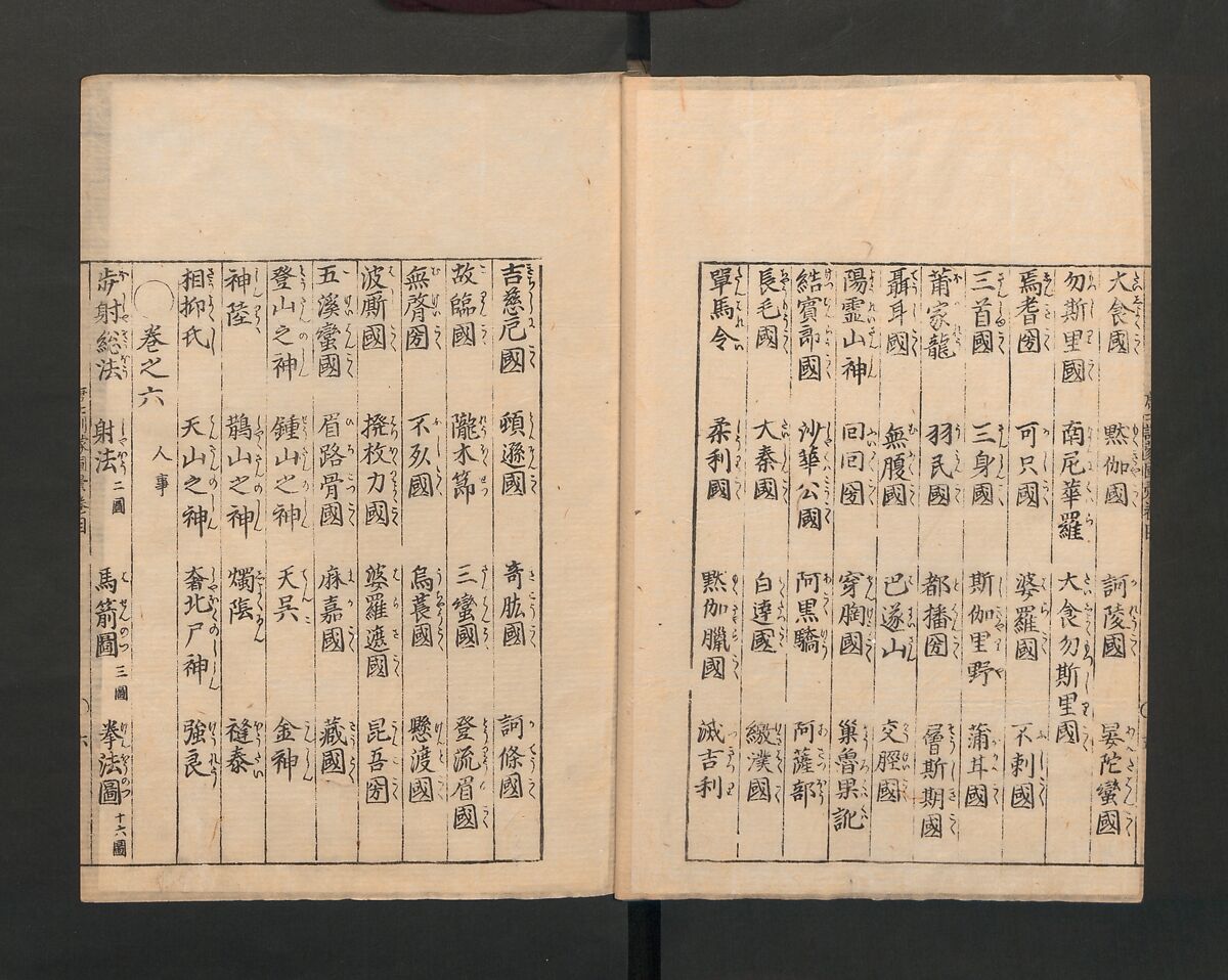 Illustrated Encyclopedia of China (Morokoshi kinmō zui) 唐土訓蒙図彙, Tachibana Morikuni 橘守国 (Japanese, 1679–1748), Set of two woodblock printed books; ink on paper, Japan
