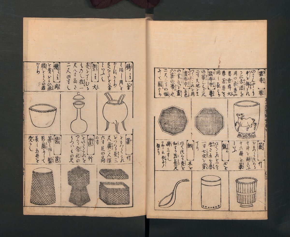 Illustrated Encyclopedia of China (Morokoshi kinmō zui) 唐土訓蒙図彙, Tachibana Morikuni 橘守国 (Japanese, 1679–1748), Set of two woodblock printed books; ink on paper, Japan