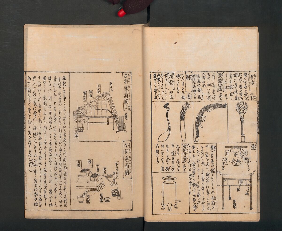 Illustrated Encyclopedia of China (Morokoshi kinmō zui) 唐土訓蒙図彙, Tachibana Morikuni 橘守国 (Japanese, 1679–1748), Set of two woodblock printed books; ink on paper, Japan