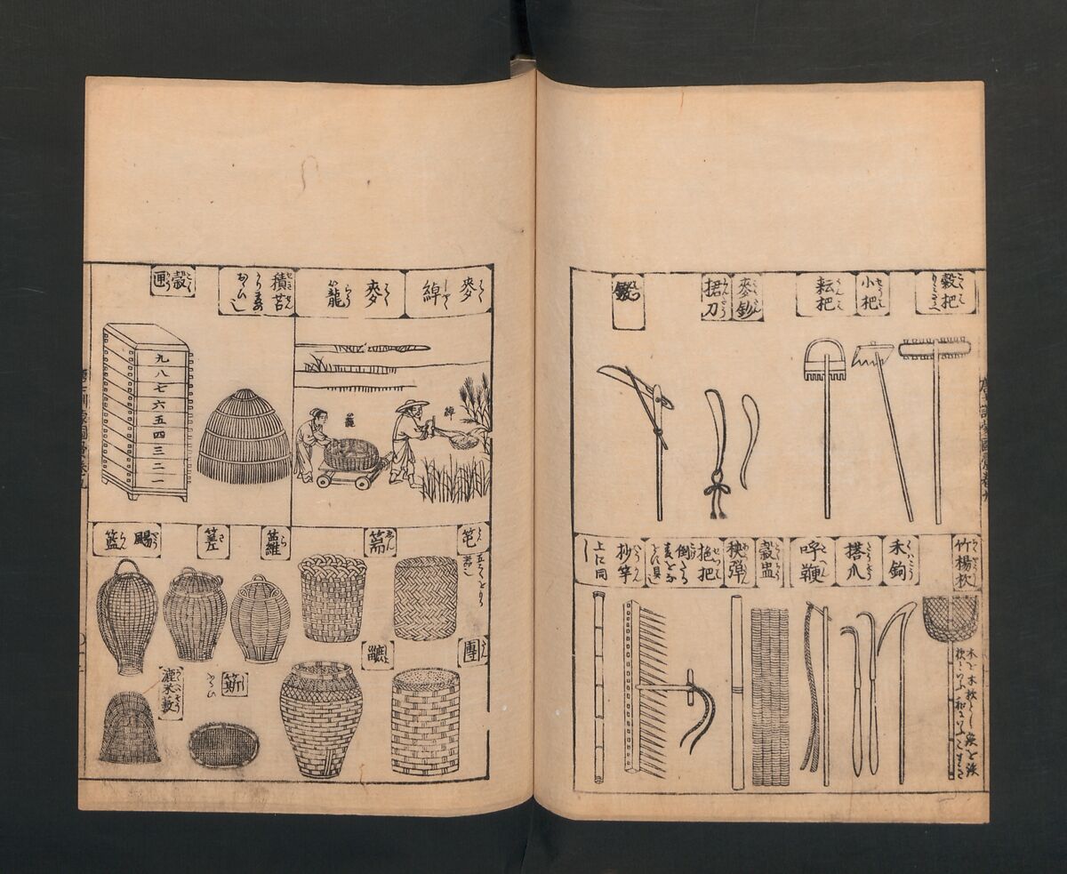 Illustrated Encyclopedia of China (Morokoshi kinmō zui) 唐土訓蒙図彙, Tachibana Morikuni 橘守国 (Japanese, 1679–1748), Set of two woodblock printed books; ink on paper, Japan