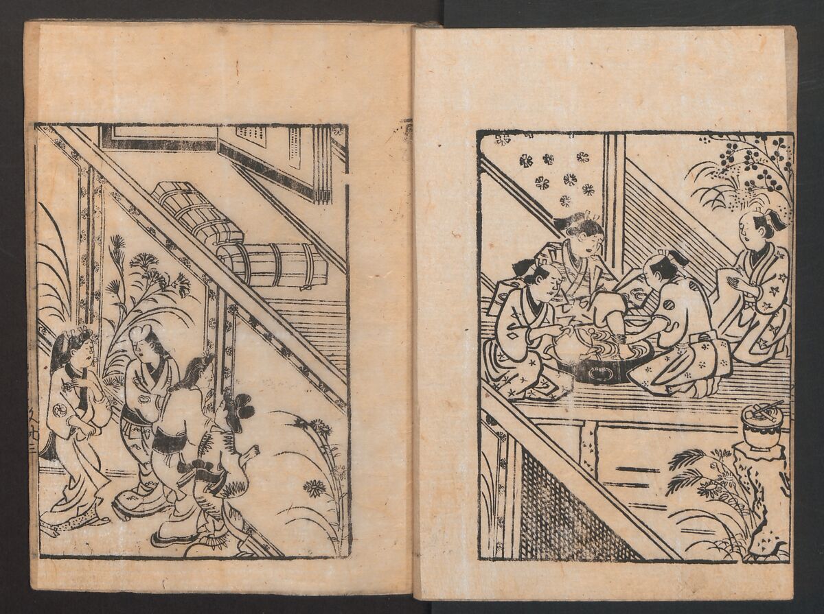 The Tale of Bunshō (Bunshō monogatari) ぶん志やう物語, Hishikawa Moronobu (Japanese, 1618–1694), Set of two woodblock printed books; ink on paper, Japan