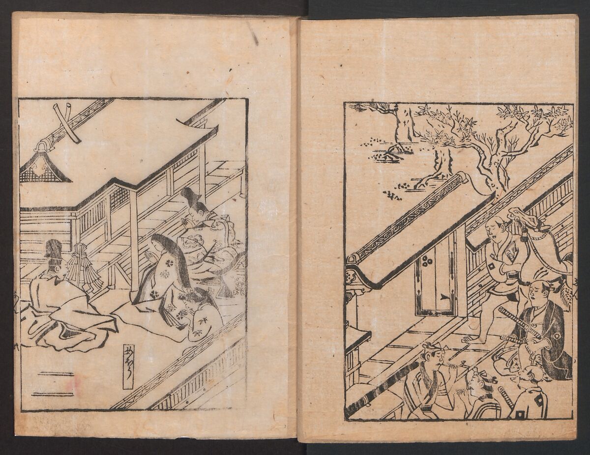 The Tale of Bunshō (Bunshō monogatari) ぶん志やう物語, Hishikawa Moronobu (Japanese, 1618–1694), Set of two woodblock printed books; ink on paper, Japan