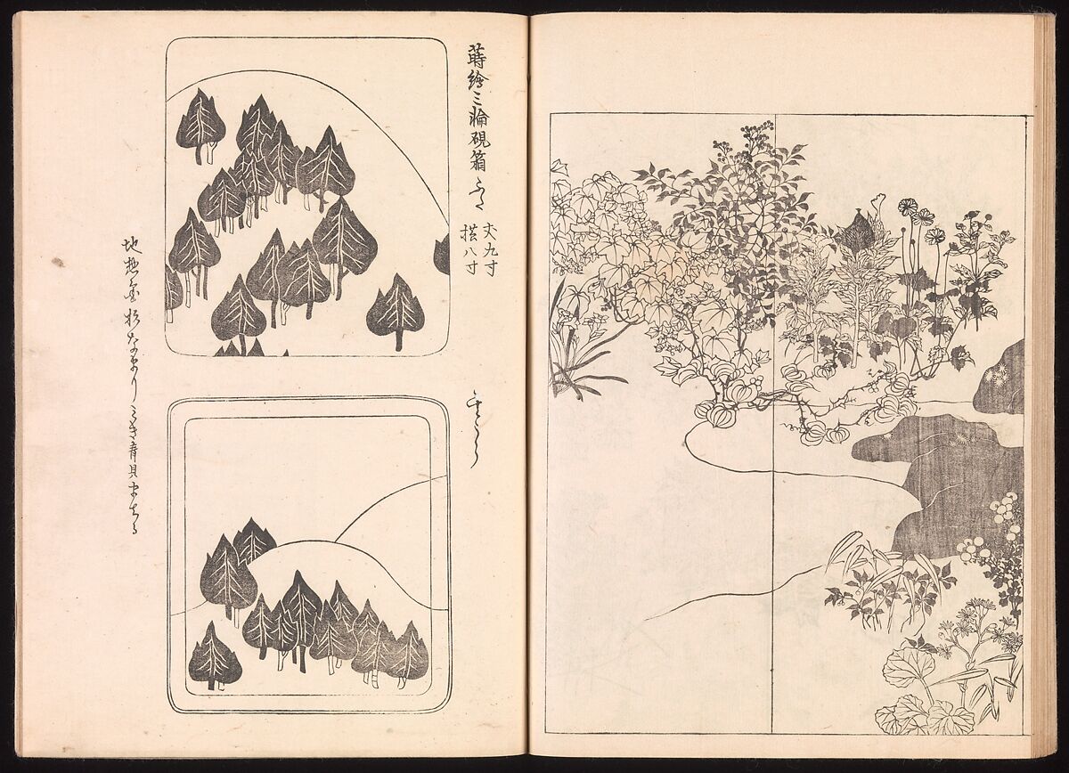 One Hundred Newly Selected Designs by Kōrin (Kōrin shinsen hyakuzu), Ogata Kōrin (Japanese, 1658–1716), Two volumes of Woodblock printed books; ink on paper, Japan