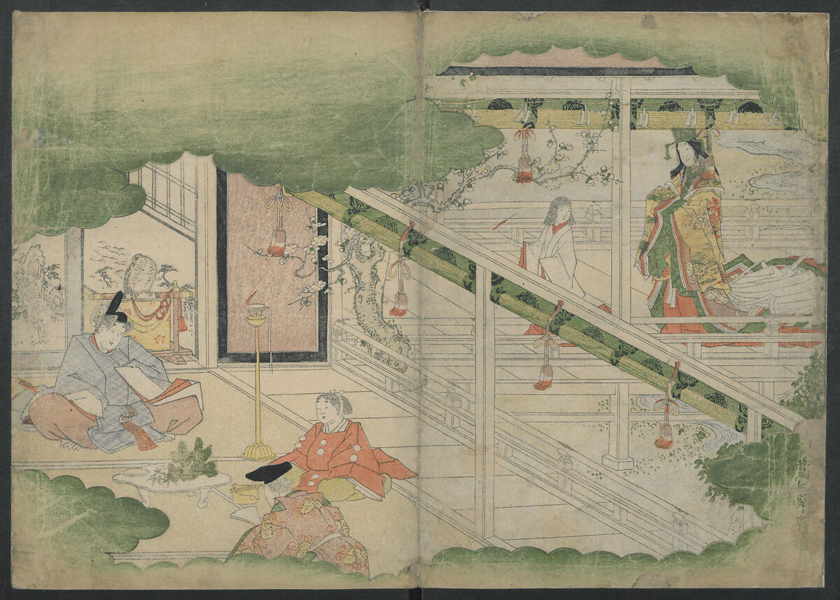 Mountain Teahouse, from The Mist of of Sandara (Kyōka Sandara-kasumi) 狂歌さむたらかすみ, Katsushika Hokusai 葛飾北斎 (Japanese, Tokyo (Edo) 1760–1849 Tokyo (Edo)), Polychrome woodblock print in an album; ink and color on paper, Japan 