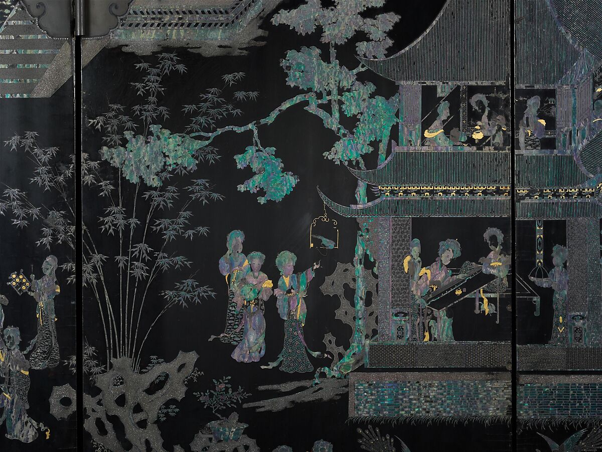 Women in a Palace, Black lacquer with mother-of-pearl and gold-foil inlay, China 