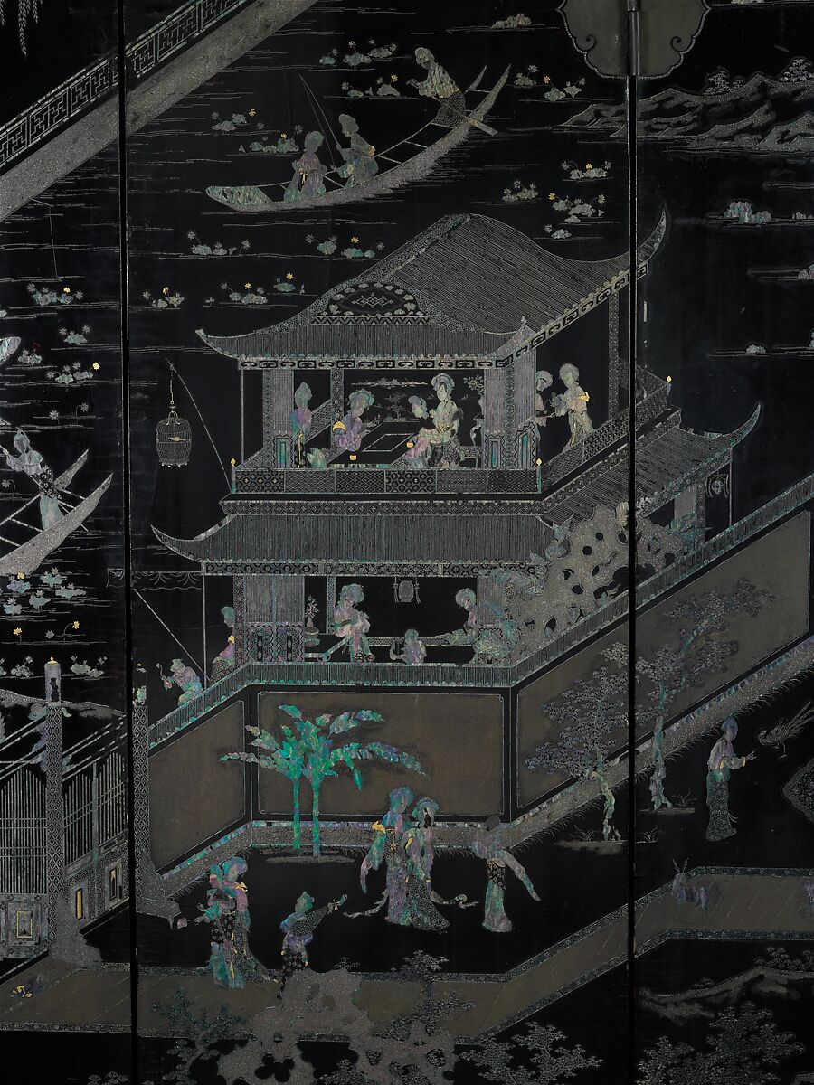 Women in a Palace, Black lacquer with mother-of-pearl and gold-foil inlay, China