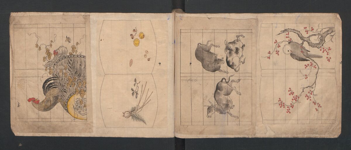 Album of Sketches for Lacquer Decoration (Makie) 蒔絵, Kozōtei Makihan 小蔵亭 蒔半 (Japanese), Ink and color on paper, Japan