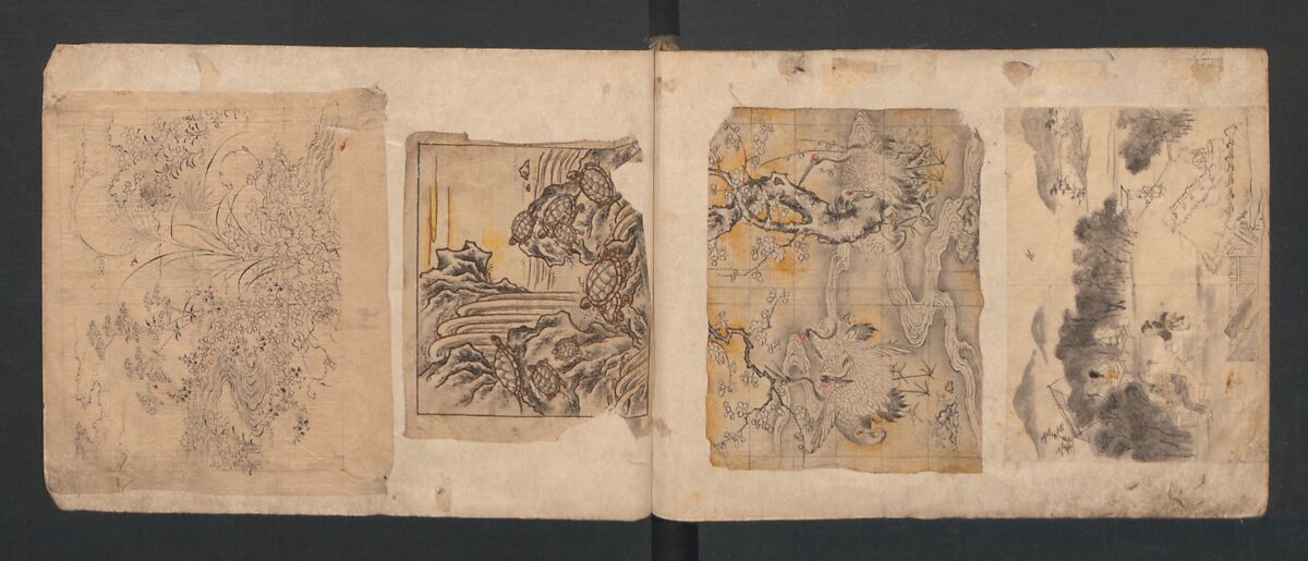 Album of Sketches for Lacquer Decoration (Makie) 蒔絵, Kozōtei Makihan 小蔵亭 蒔半 (Japanese), Ink and color on paper, Japan