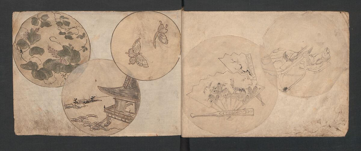 Album of Sketches for Lacquer Decoration (Makie) 蒔絵, Kozōtei Makihan 小蔵亭 蒔半 (Japanese), Ink and color on paper, Japan