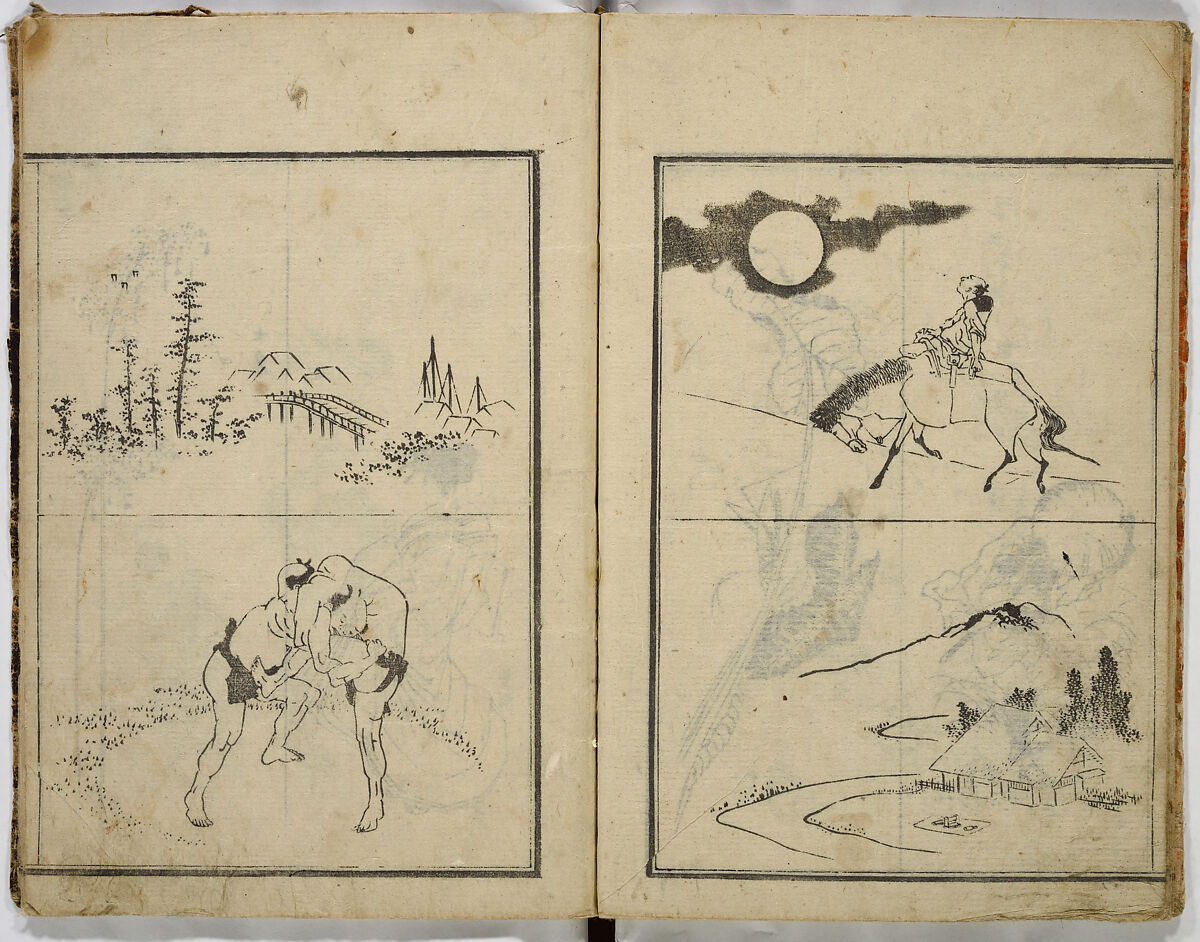 Random Sketches by Hokusai, Katsushika Hokusai (Japanese, Tokyo (Edo) 1760–1849 Tokyo (Edo)), Eight volumes of woodblock printed books; ink and color on paper, Japan