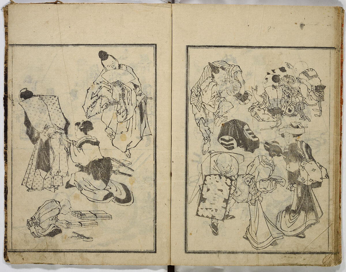 Random Sketches by Hokusai, Katsushika Hokusai (Japanese, Tokyo (Edo) 1760–1849 Tokyo (Edo)), Eight volumes of woodblock printed books; ink and color on paper, Japan
