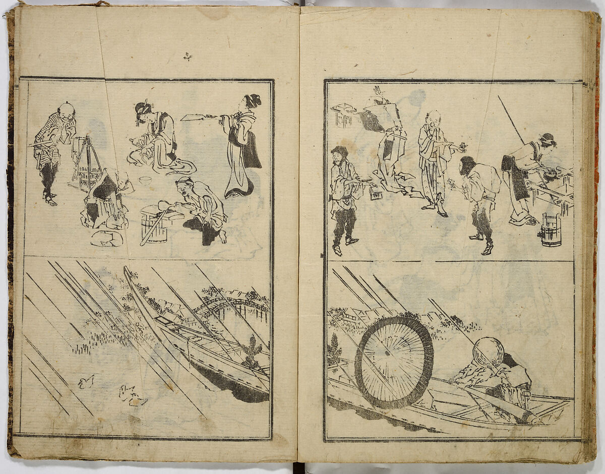 Random Sketches by Hokusai, Katsushika Hokusai (Japanese, Tokyo (Edo) 1760–1849 Tokyo (Edo)), Eight volumes of woodblock printed books; ink and color on paper, Japan