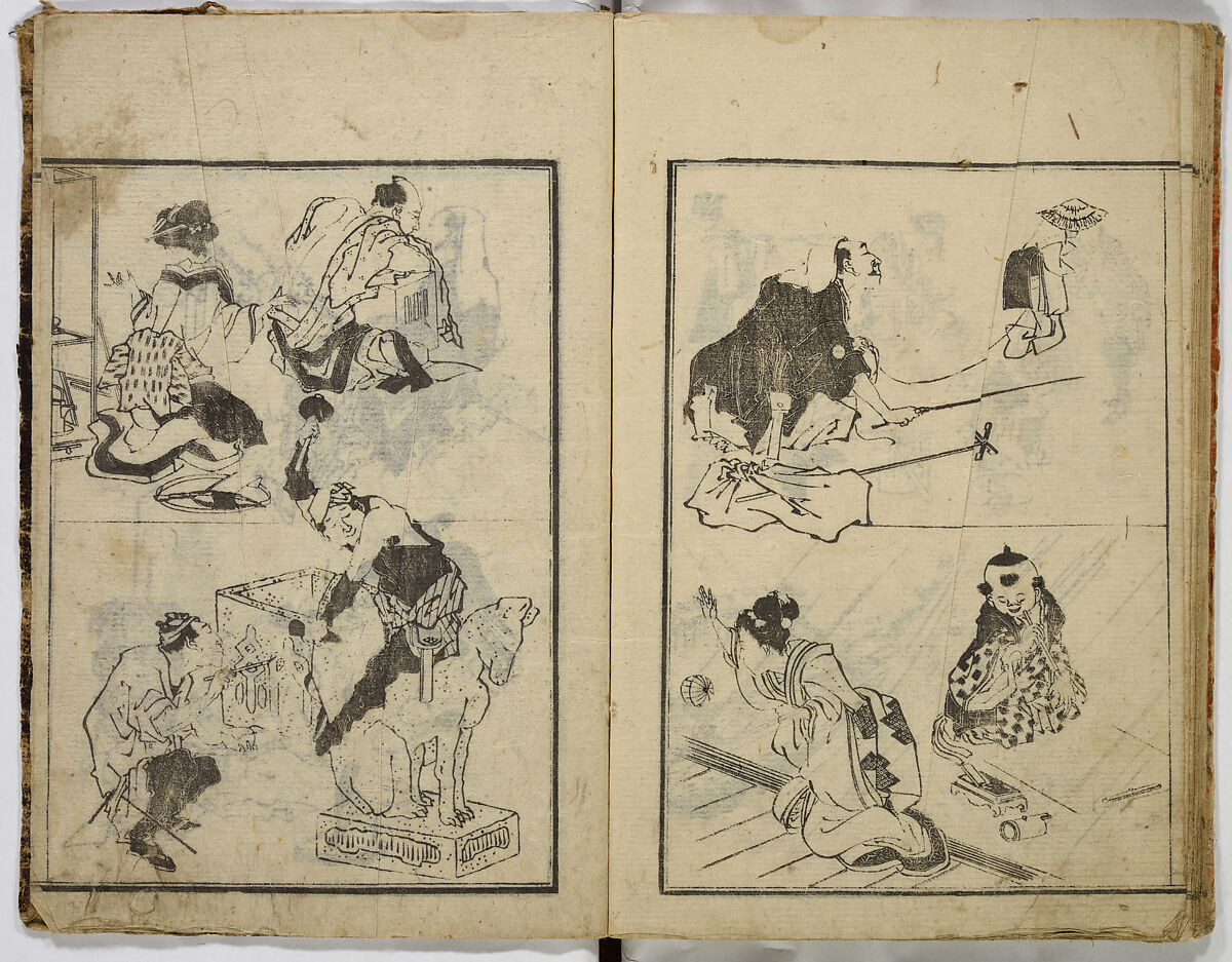 Random Sketches by Hokusai, Katsushika Hokusai (Japanese, Tokyo (Edo) 1760–1849 Tokyo (Edo)), Eight volumes of woodblock printed books; ink and color on paper, Japan